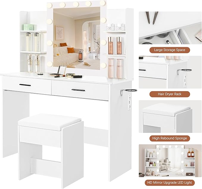 Vanity Desk with Mirror and Lights, 3-Color Lights Adjustable Brightness, White Vanity Makeup Desk with Drawer & Charging Station, Large Dressing Table Make Up for Bedroom