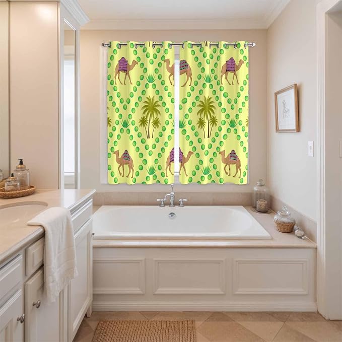 2 Panel Kitchen Cafe Curtains, Desert Sand Camels Sunlight Filtering Nature Air