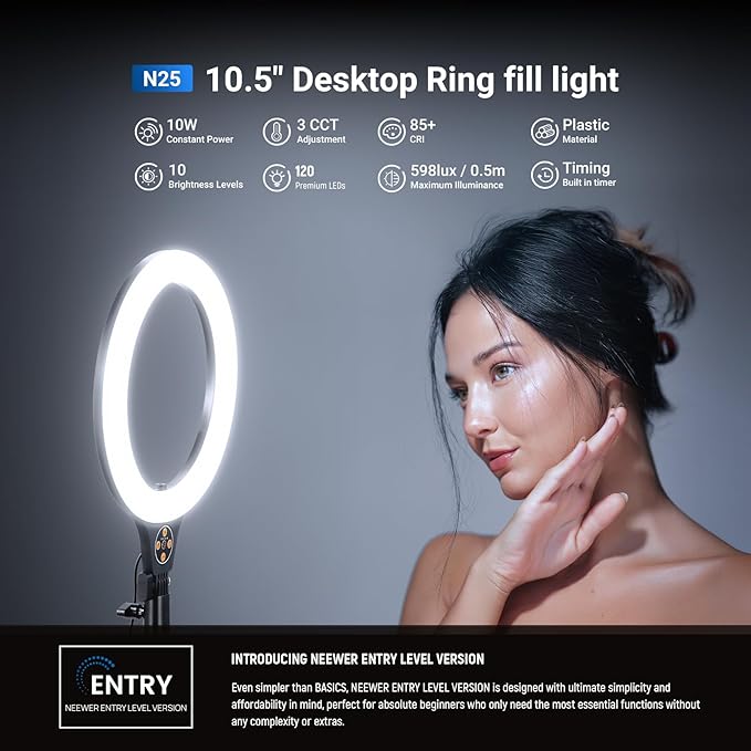 NEEWER Entry Level Version 10.5" Desk Ring Light w Tripod Stand/Phone Holder Compatible with iPhone, Timer/Remote, 10W CRI85+ LED Lighting for Selfie Makeup Streaming Recording Video Conference, N25