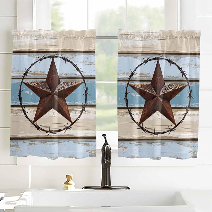 Vintage Western Star on Wood Grain Window Valance Curtains, Retro Wooden