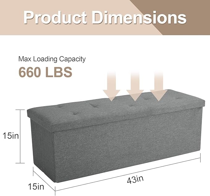 43 Inches Folding Storage Ottoman Bench, Ottoman Foot Rest, Storage Chest, End of Bed Foot Rest Stool with Padded Seat for Living Room, Bedroom, Entryway, Support 660lbs, Linen, Grey