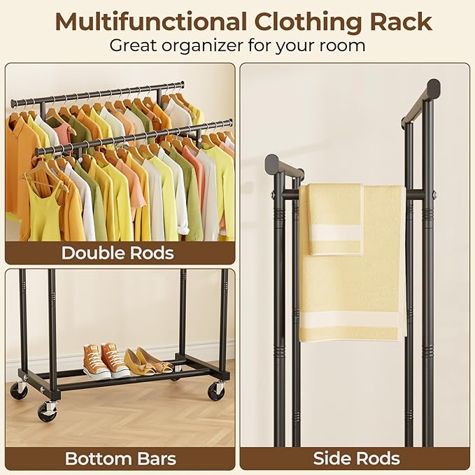 HYSEYY Double Rods Clothes Rack, Rolling Clothing Rack for Hanging Clothes Portable Wardrobe Rack, Metal Garment Rack Sturdy Coat Rack for Bedroom Laundry Living Room, Black