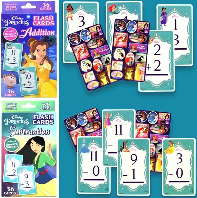 Disney Princess Math Games Set - Bundle with Addition and Subtraction Flash Cards for Boys, Girls | Disney Princess Learning Toys for Kids Ages 5-6