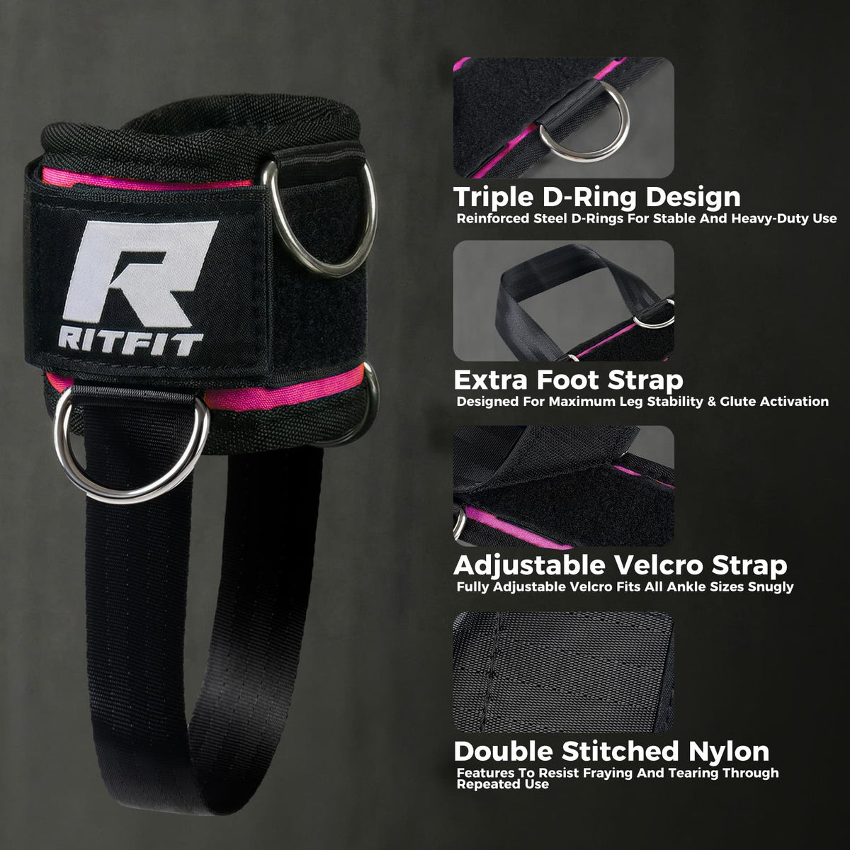 RitFit Padded Ankle Straps with 3 D-Rings for Cable Machine Workouts