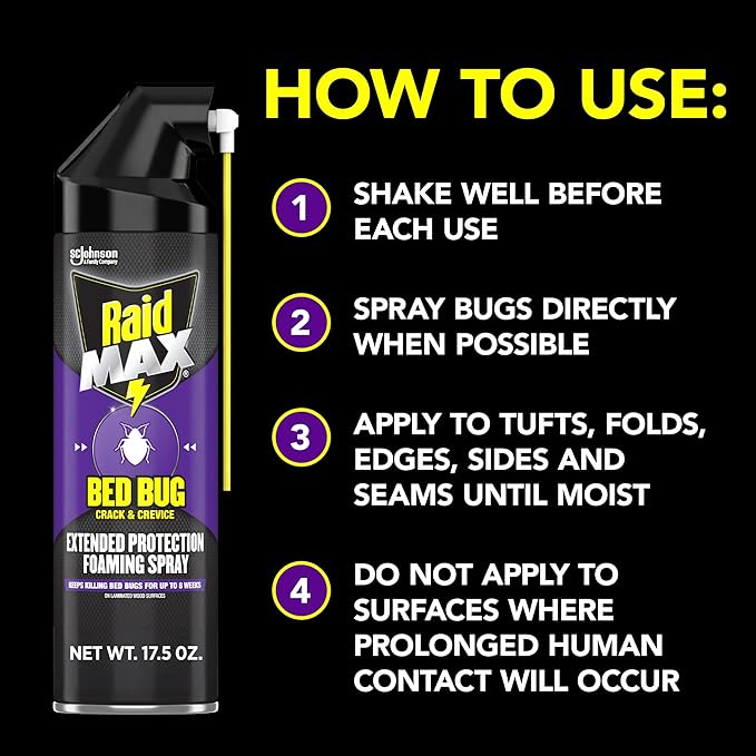 Raid Max Bed Bug Crack & Crevice Extended Protection Foaming Spray, Kills Bed Bugs for up to 8 weeks on Laminated Woods and Surfaces, 17.5 oz