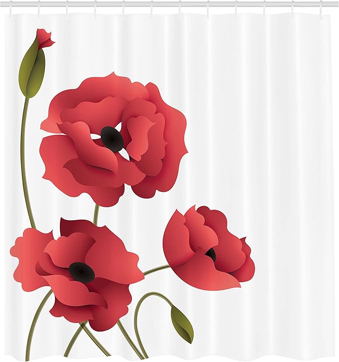 Ambesonne Floral Shower Curtain, Poppy Flowers Vivid Petals Buds Pastoral Purity Mother Earth Nature Design, Cloth Fabric Bathroom Decor Set with Hooks, 69" W x 70" L, Dark Pink