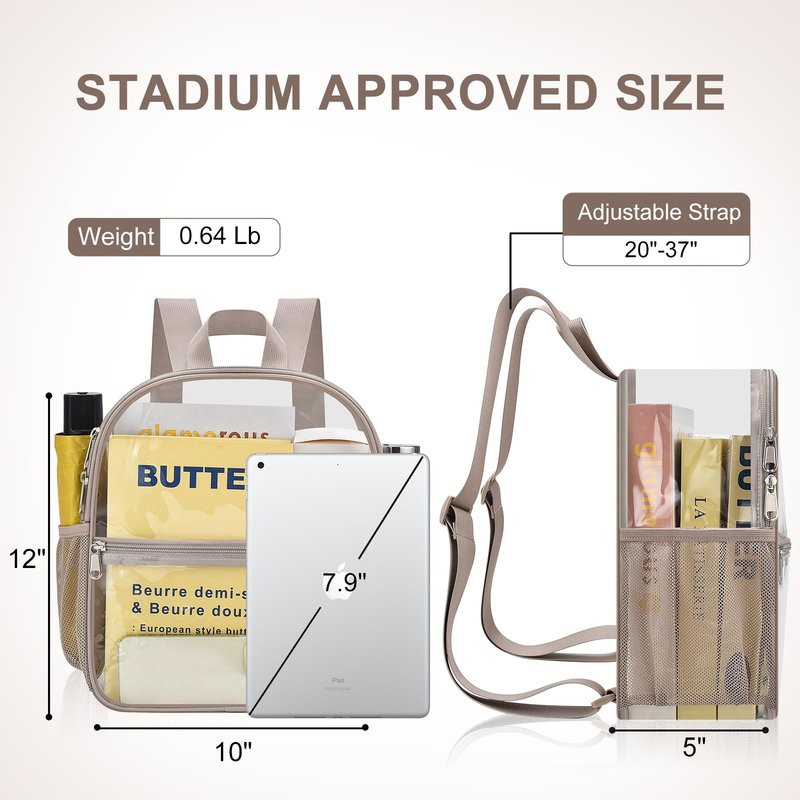 Slumou Clear Backpack for Stadium Events 12x12x6 Sports Backpack Mini Small for Fan, Concert, Beach, Work, Travel & Sporting（Khaki）