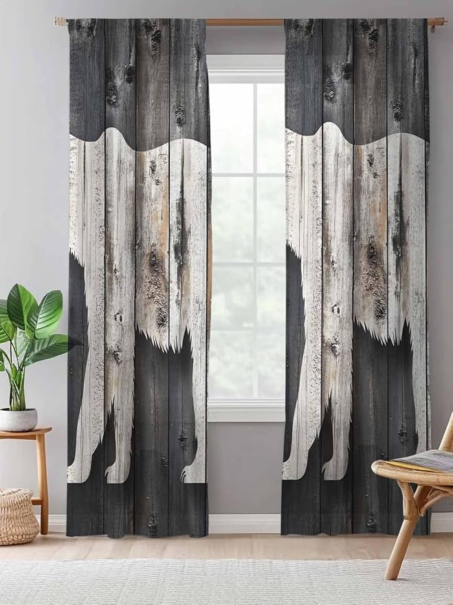 Sheer Curtains 84 Inches Long, Farmhouse Country Vintage Wood Grain Privacy