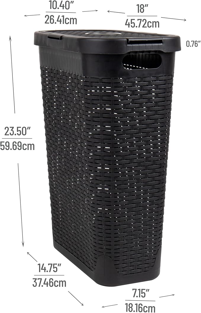 Mind Reader Slim Laundry Hamper with Lid, 40L Clothes Basket, Premium Wicker Design, Plastic, Set of 2, Black