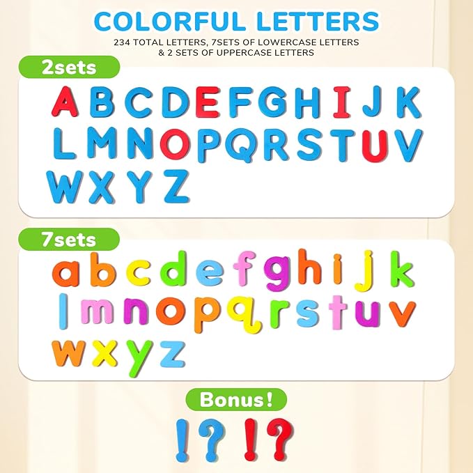 JoyCat Classroom Magnetic Letters Kit Colorful 234 Pcs with Double - Side Magnet Board - Foam Alphabet Letters for Preschool Kids Toddler Spelling and Learning - Fridge Magnets ABC Education Toys