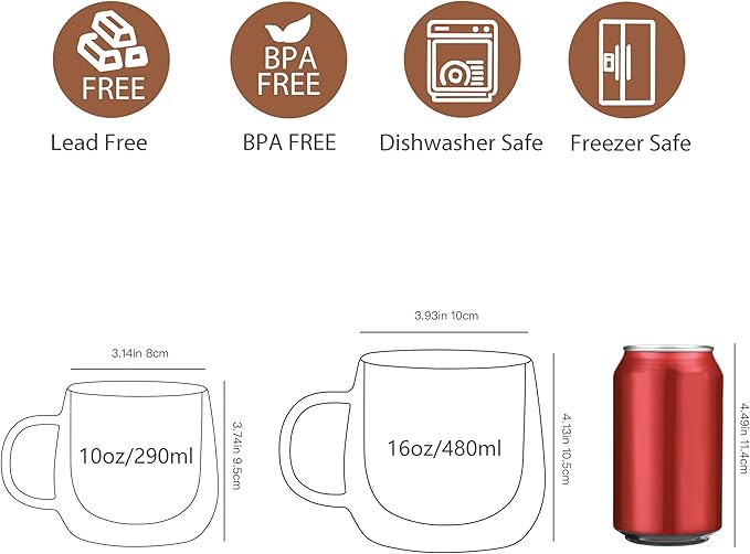 CNGLASS 16oz Double Walled Glass Coffee Mugs(2-pack),Large Clear Coffee Cups with Handle,Glass Espresso Mugs for Latte,Cappuccino,Tea