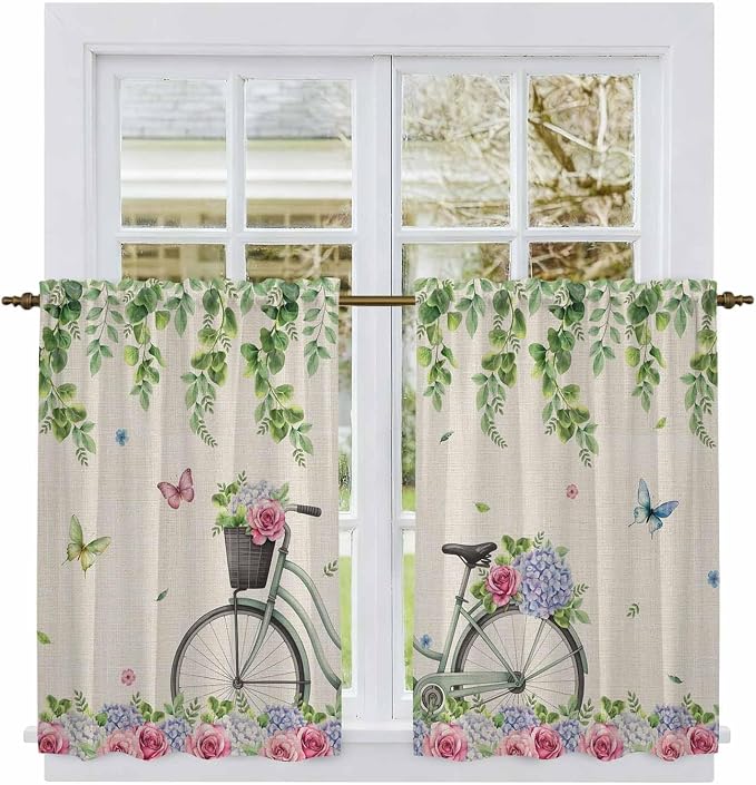 Farmhouse Spring Tier Curtains, Retro Bicycles Flowers Vines Butterfly Light