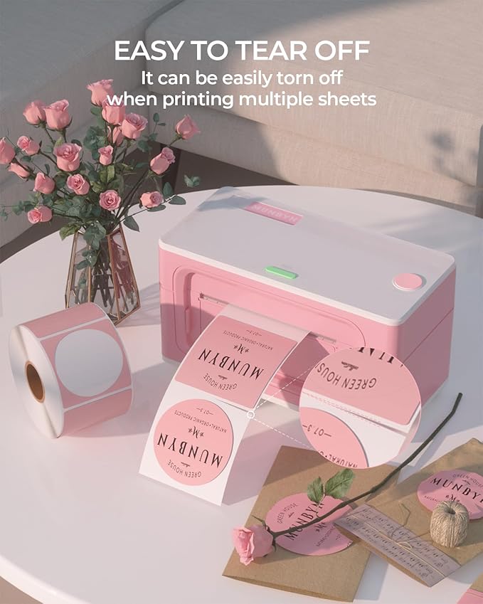 MUNBYN Bluetooth Thermal Label Printer, 4x6 Shipping Label Printer+2 Inch Pink Circle Thermal Sticker Labels+Label Holder for Rolls and Fanfold Labels