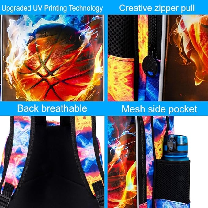 KLFVB 3PCS Boys Backpack, 17" Kids Bookbag and Lunch Box, Water Resistant Teenagers School Backpacks for Middle Elementary - Flame Basketball