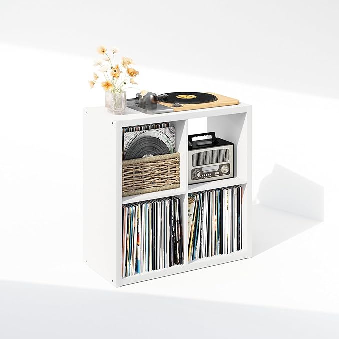Furinno Cubicle Record Player Stand with Vinyl Storage, 4-Cube 1.2 Extra Thick Vinyl Record Storage, Open Back Media Shelf for CD DVD Blueray Game Disc, for Living Room, Home Office, White