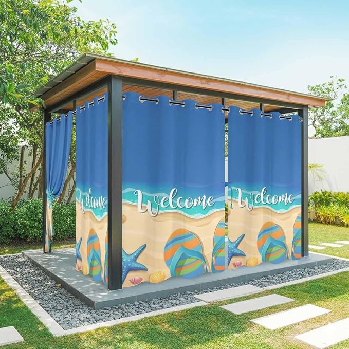 Summer Outdoor Curtains for Patio Beach Slippers Plumeria Waterproof Outside
