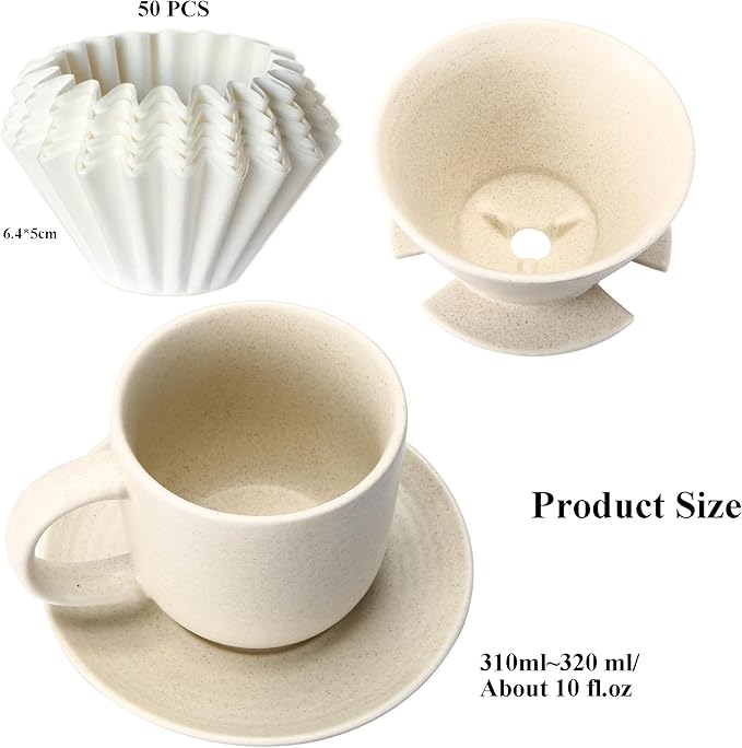 Polydremio Pour Over Coffee Maker, with 50 PCS Basket Coffee Filters, 310 ml/10 oz Mug with Saucer & Coffee Dripper, Ceramic, Off-white