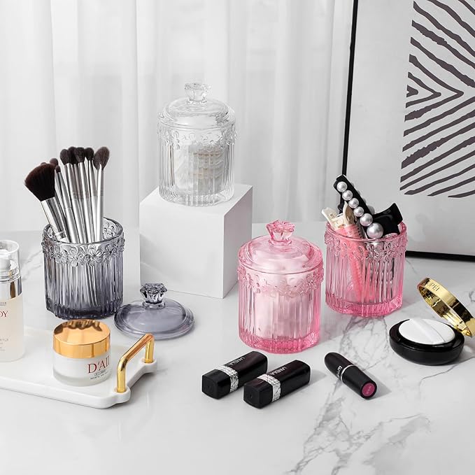 rejomiik 2 Pack Qtip Holder Glass Apothecary Jars with Lids Bathroom Accessories Vanity Organizers and Makeup Storage Canister for Cotton Swabs, Balls, Pads, Floss Picks, Candy, Pink
