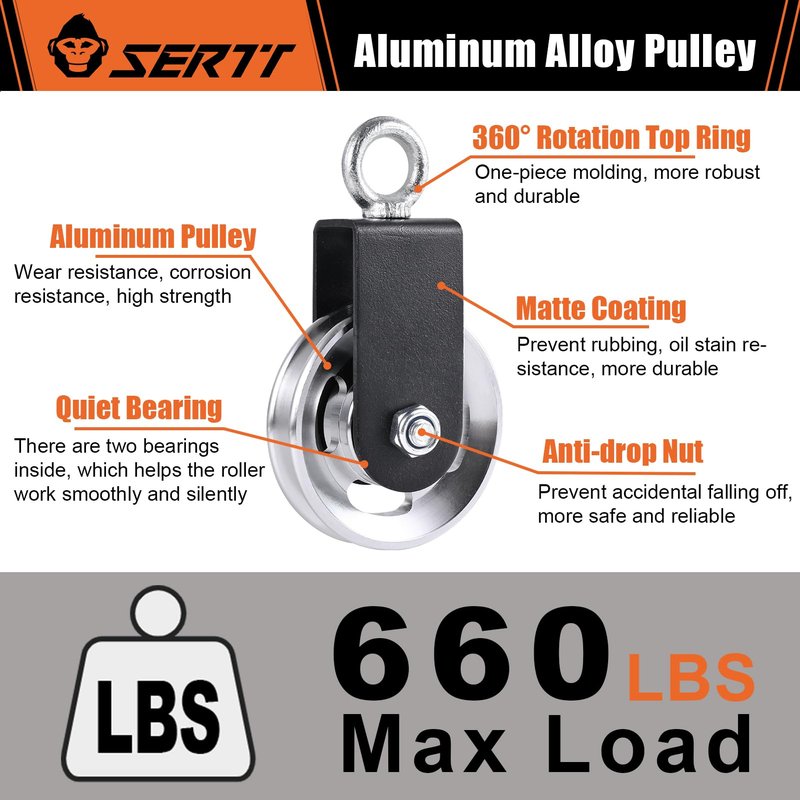 SERTT [1 Pack] Cable Pulley Wheel for Home Gym Pulley System, Upgraded 90mm Aluminium Alloy Gym Pulley for Maximum 660LBS Load