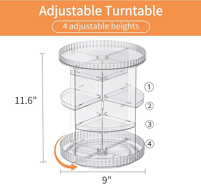 vacane Clear Rotating Makeup Organizer,8 Adjustable Layers Vanity Organizer Skincare Storage,Cosmetic Display Case 360° Stabilizly Spinning Multi-Function Storage for Bathroom and Bedroom Countertop