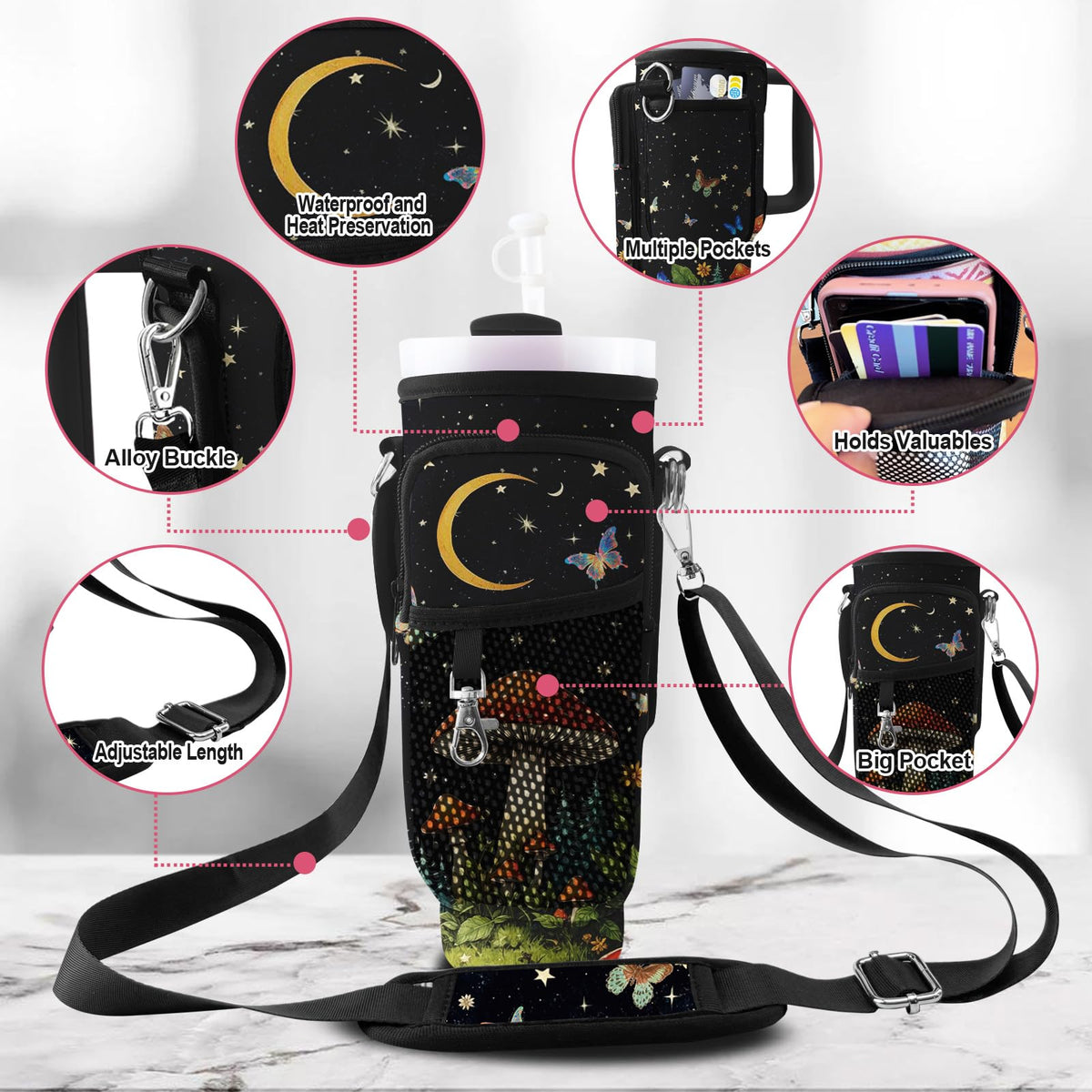 LAOTANGJIA Stanley Cup Carrier 40oz Tumbler with Water Bottle Holder Carrier Bag and Phone with 2 Adjustable Strap Bottle Holder Stanley Cup Accessories for Hiking Travelling Camping,Mushroom
