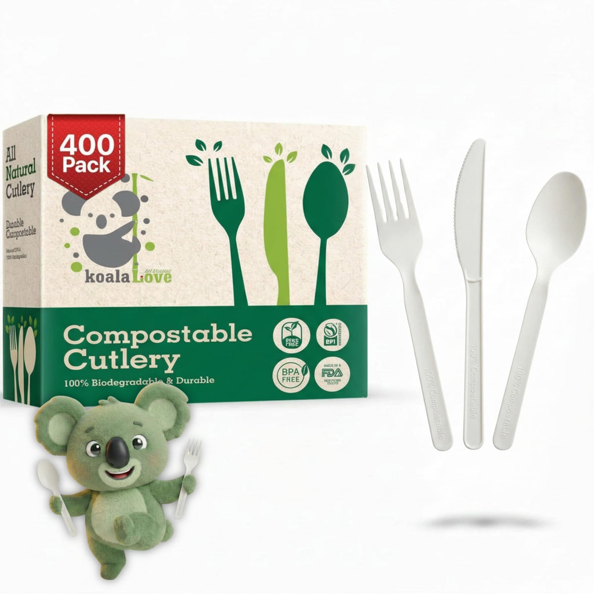 100% Compostable Forks 150 Large biodegradable Disposable Compostable Cutlery Silverware Utensils durable and heat resistant alternative to plastic forks with convenient tray by KOALALOVE