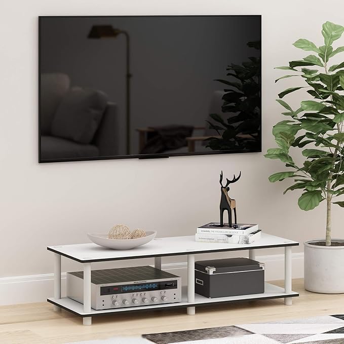 Furinno JUST TV Stand, 2-Tier Wide Entertainment Center with Open Shelf, No Tools TV Console for TV up to 46 Inch with Tubes, for Living Room, Bedroom, Plain White