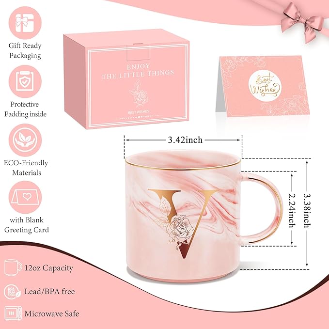 Personalized Gifts for Women Coffee Mug, Initial Customized Gift Monogrammed A-Z Coffee Mug 12 OZ, Christmas Anniversary Birthday Gifts for Women Mom Grandma Friend Sister Wife (V)
