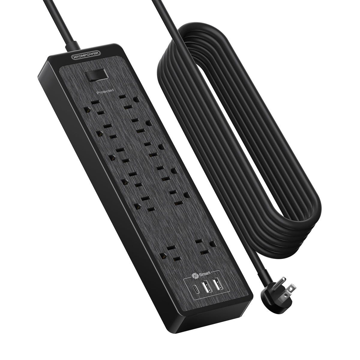NTONPOWER 25 Ft Extension Cord Flat Plug, 12 Outlets(2 Widely Space) 3 USB with 2100J Power Strip, Overload Protection, 1875W/15A, Wall Mount for Home Office, Workbench or Garage,Black