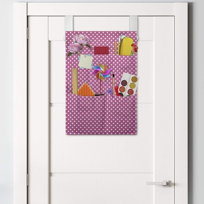 Ambesonne Pink Polka Dots Hanging Pocket Organizer, Rose Background with Mini Geometric Details Adjacently Victorian Design, Printed Polyester Storage Bag with Pockets, 14" x 20", Pink and White