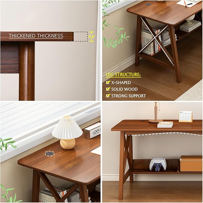 Extra Long Desk with Bookshelf - Wooden Home Office Work Study Table, 2-Person Writing Computer Workstation with Storage Shelf in Walnut, 63" Wx24 Dx30 H