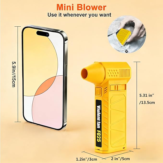 PATAZONE Electric Air Duster High-Speed,Rechargeable,Perfect for Blowing Leaves,Wood Chips,Compressed Air Dust&Sand for Car,House,Outdoor Clean Dry Sawdust Sand,80000RPM Brushless Motor (Yellow)