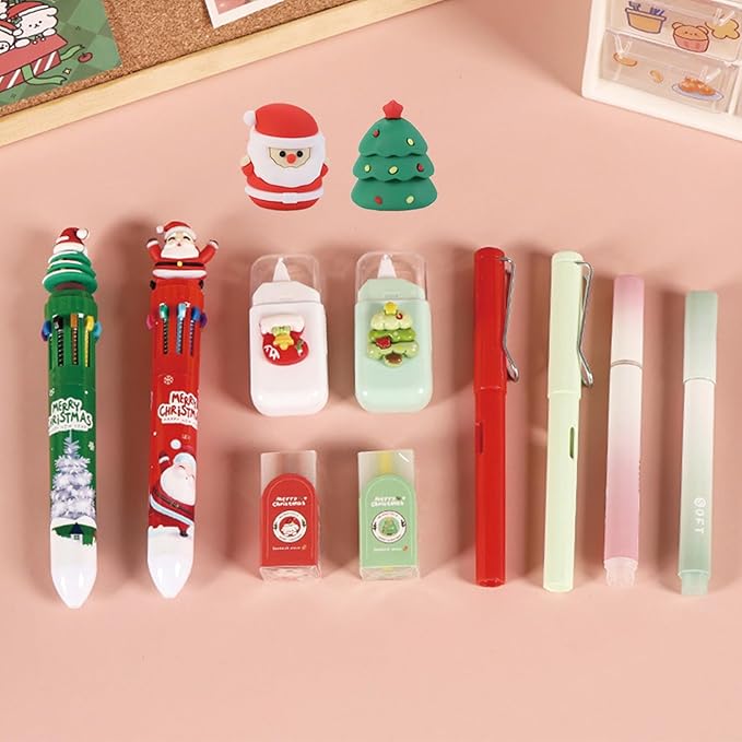 7 Pcs Cute Xmas Stationery Set Kawaii Christmas School Supplies Office Supplies Including Ballpoint Pens Pencil Sharpener Highlighter Correction Tape Eraser (X-mas(Red))