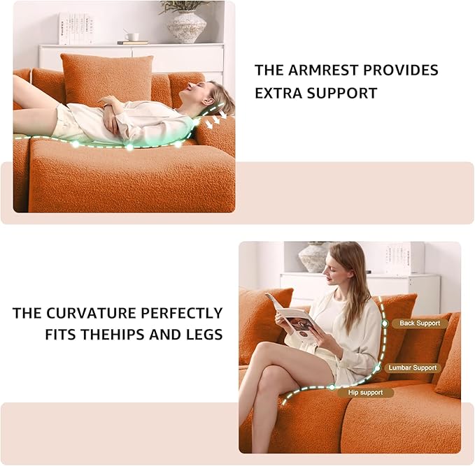 Orange 4-Seater Cloud Couch, Modern Teddy Fabric Boneless Sectional Sofa in a Box for Living Room, Modular Floor Couch, Comfortable Deep Seat, No Assembly Required, Sofas para Sala