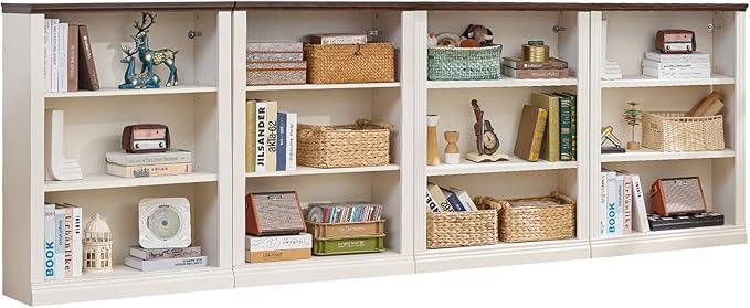 43" White Tall Bookshelf Set of 4,3-Tier Thick Wooden Book Shelf with Adjustable Shelves,Free Standing Farmhouse Bookcase with Open Display Storage,Floor Vintage Bookshelves for Living Room