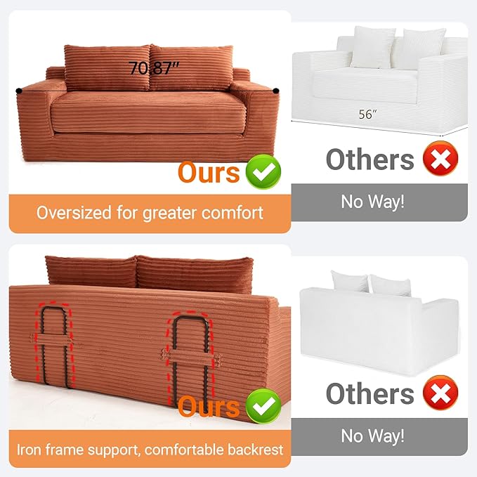 Fefances Loveseat Sofa Bed Boneless Couch, Convertible 2-in-1 Design, Corduroy Fabric - Compact Memory Foam Couch for Small Spaces, Apartments, Home Office & Bedroom（Orange）