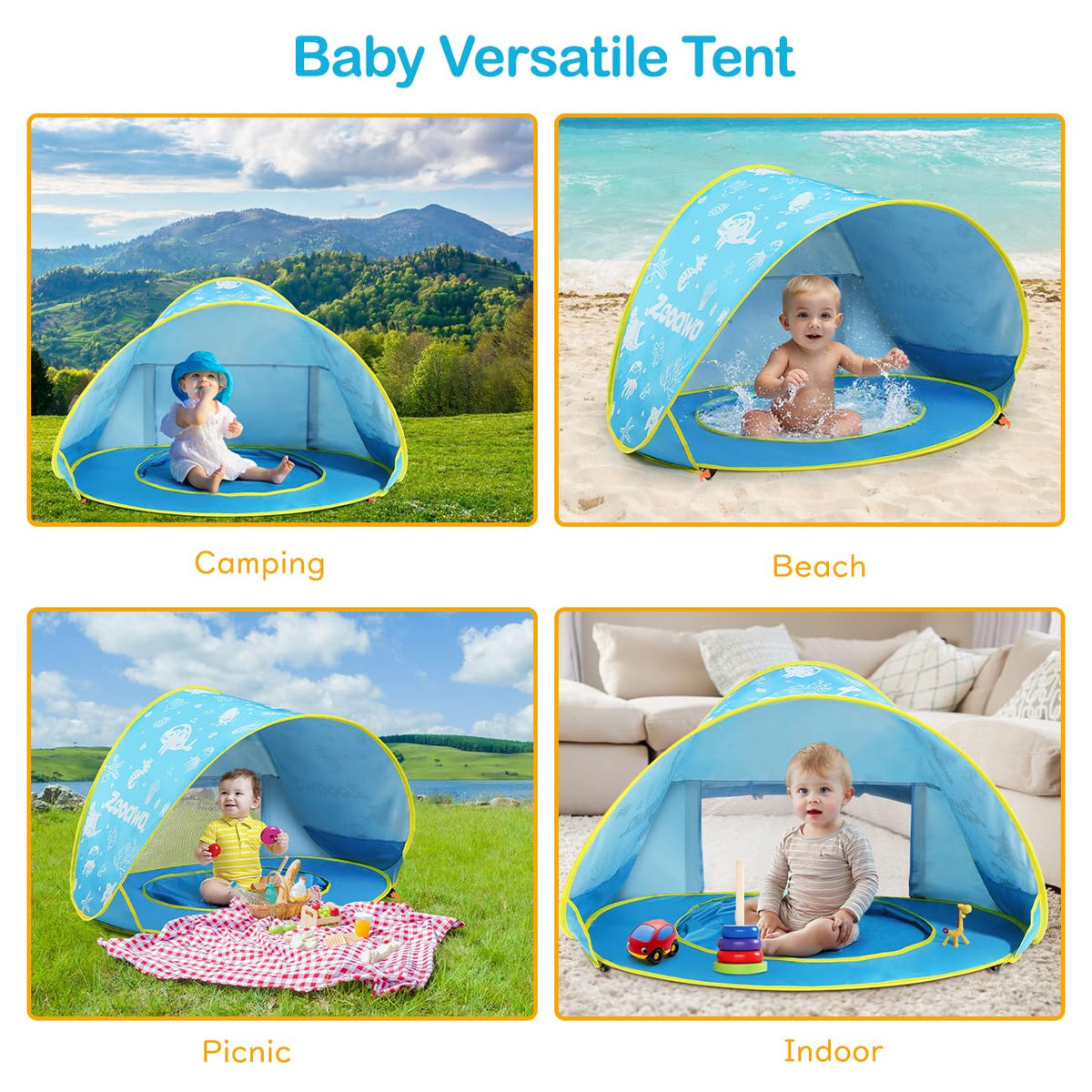 Zooawa Baby Beach Tent, Pop Up Beach Tent Sun Shade for Beach, Portable Shade Pool UV Protection Sun Shelter for Infant with Beach Sand Toys Set, Blue