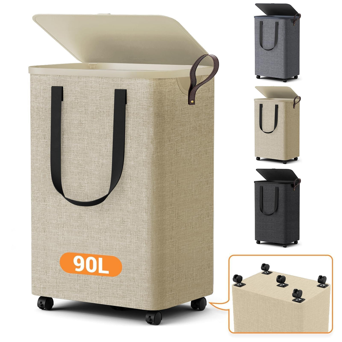 Laundry Basket with 5 Wheels, Tall Dirty Laundry Hamper, Rolling Laundry Basket with Lid, Large 90L Collapsible Clothes Hamper for Laundry Room Bedroom Bathroom Dorm, Khaki