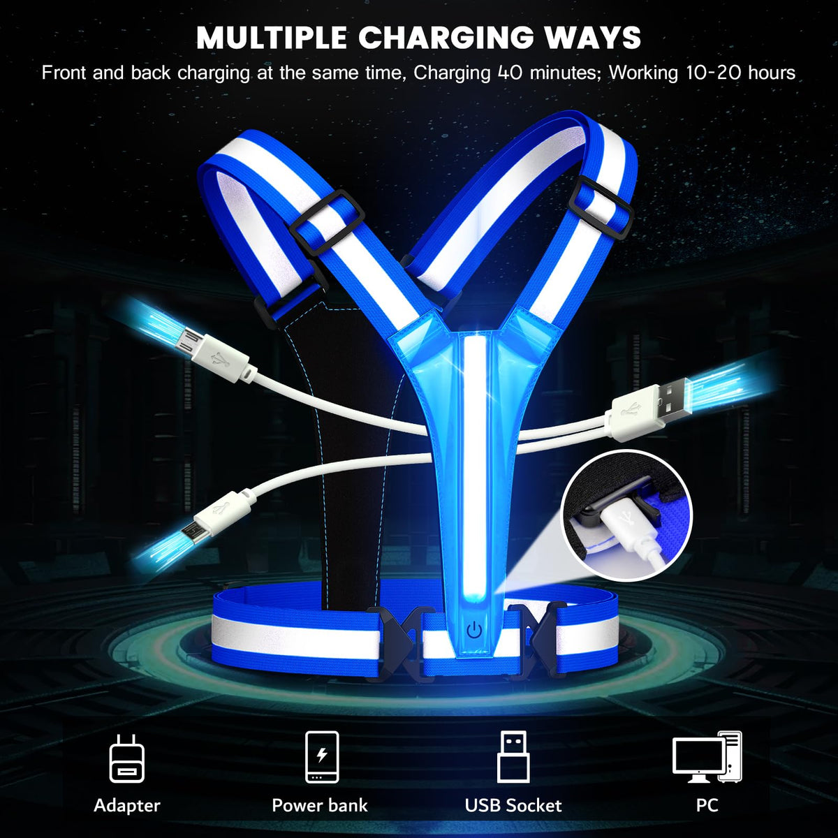 Fokia Kunbio LED Reflective Running Vest Gear,Light Up Vest Runners Night Walking USB Rechargeable,Up to 11hrs Light with Adjustable Waist/Shoulder for Women Men Kids (Blue)