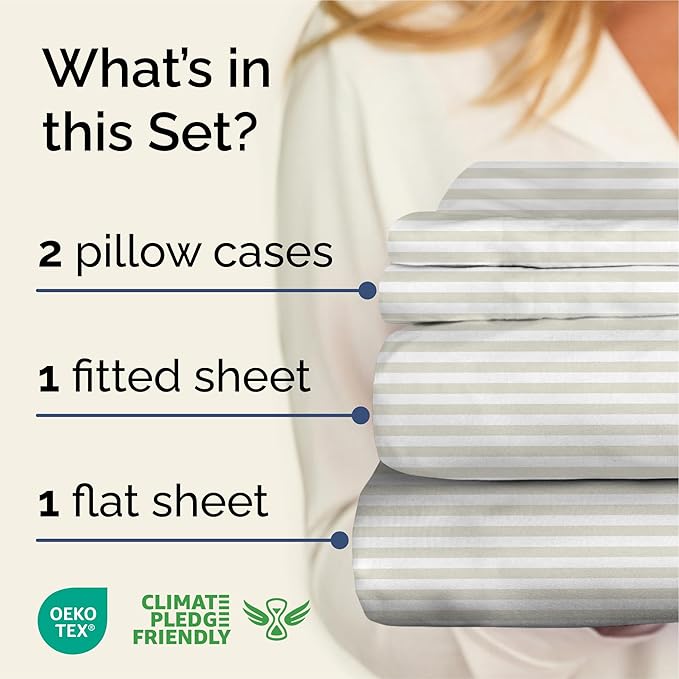 Striped Sheets - Grey Striped Sheets - 1 Flat & 1 Fitted & 2 Pillowcases w/ Deep Pockets – Comfy, Wrinkle & Fade Free - Ultra-Soft, Breathable & Cooling – Luxury Pinstripe Bedding - Queen Size Bed Set