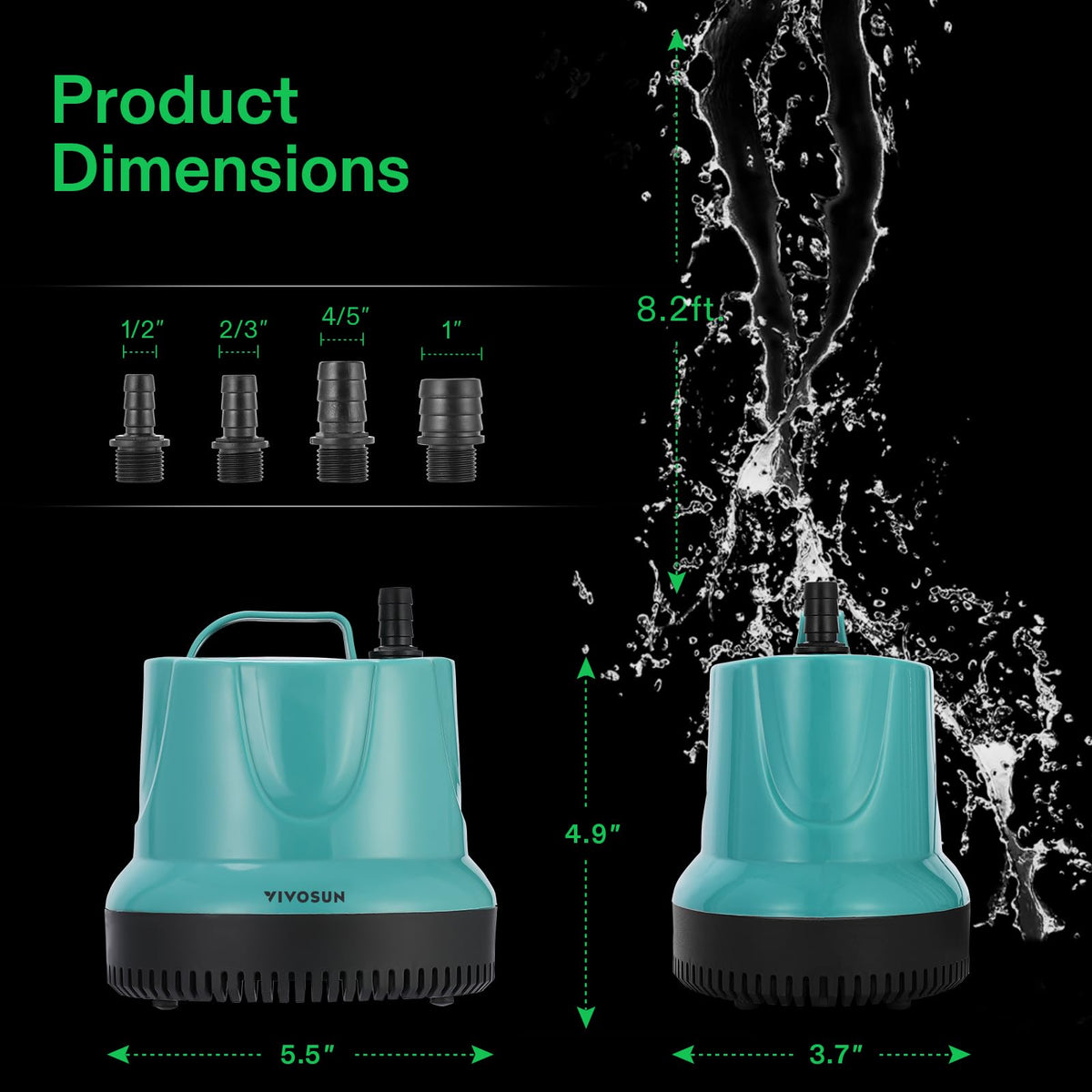VIVOSUN 660GPH 40W Submersible Pump for Fish Tank, Pond, Aquarium, Hydroponic Systems with 5ft Power Cord and 4 Nozzles Blue