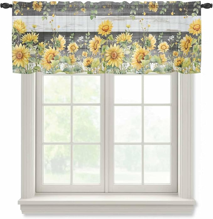 Summer Floral Sheer Valance Curtains, Watercolor Sunflower Eucalyptus Leaves