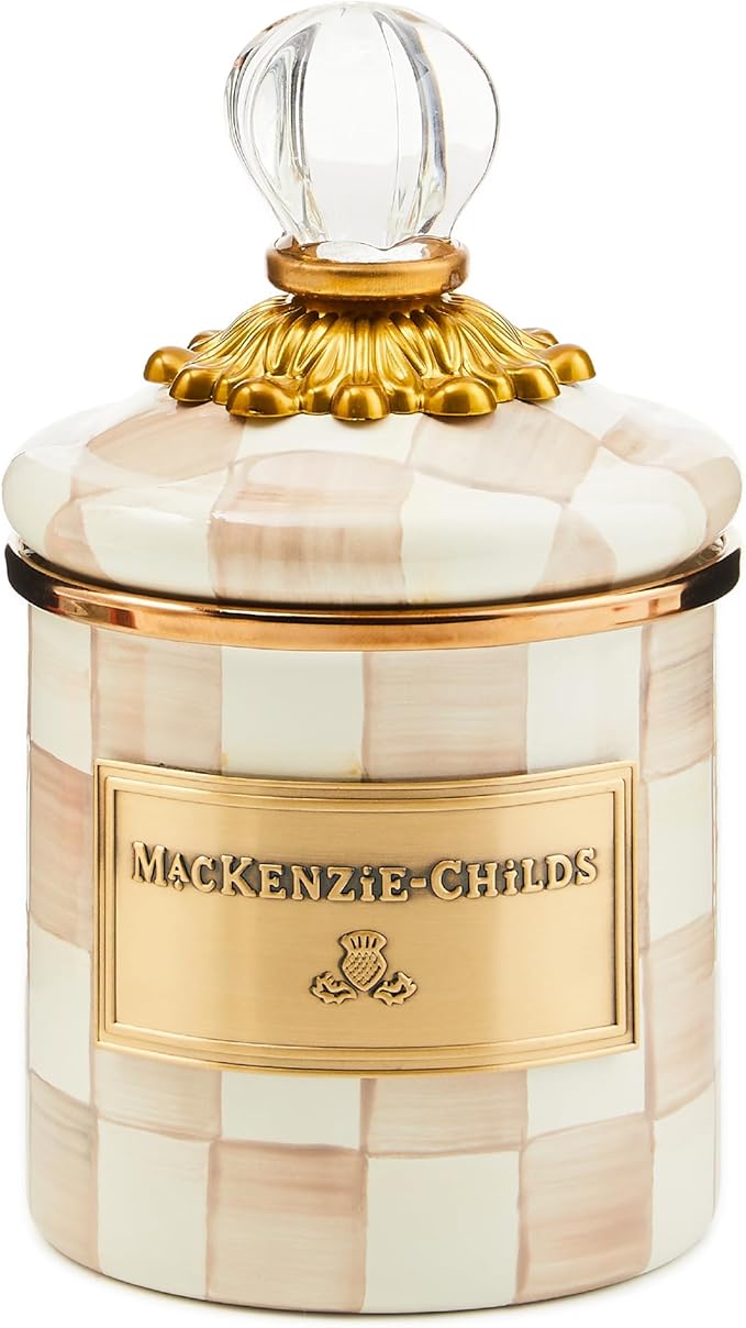 MACKENZIE-CHILDS Mini Enamel Canister, Kitchen Storage Container with Lid, Brown-and-White Mocha Check
