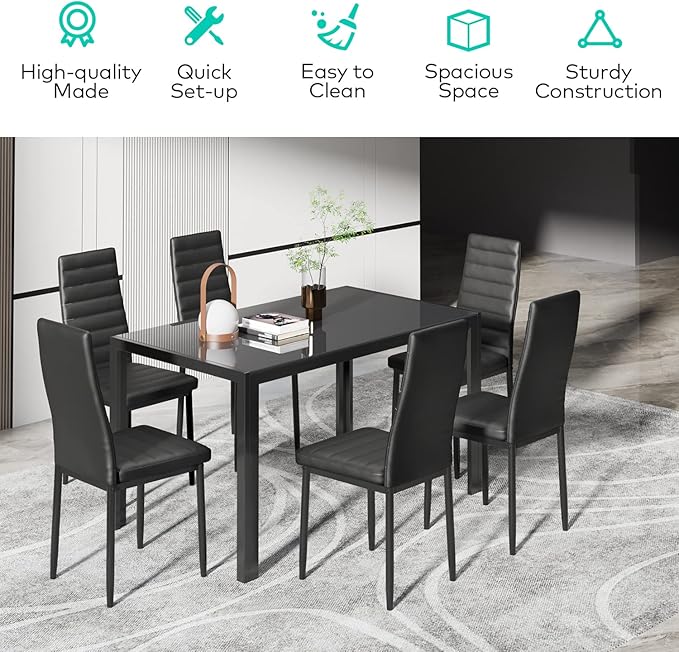 Gizoon Glass Dining Table Sets for 6, 7 Piece Kitchen Table and Chairs Set for 6 Person, PU Leather Modern Dining Room Sets for Home, Kitchen, Living Room
