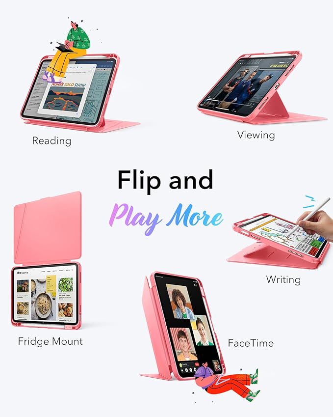 ESR for iPad A16 Case, iPad 11th/10th Generation Case (2025/2022), Vertical Stand Cover, Multi Stand Angles, Ultra-Stable Cover with Pencil Holder, Flip Series, Watermelon Pink
