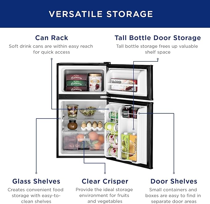 GE Double-Door Mini Fridge, Freestanding Compact Refrigerator with Freezer, 3.1 Cu Ft, Black, GDE03GGKBB
