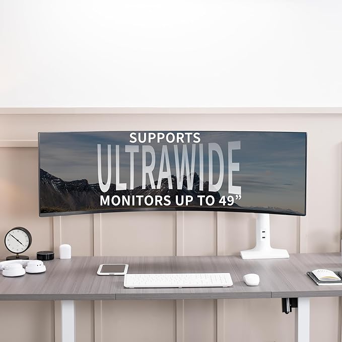 VIVO Premium Tilt Joint Ultrawide Monitor Stand, Fits up to 49 inch Computer Screens, Single Articulating Pneumatic Arm, C-Clamp and Grommet Desk Mount, Max VESA 200x100, White, STAND-V100HW