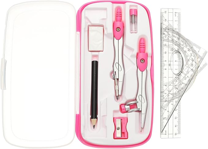 PATIKIL Geometry Precision Tool Set, 11 Pcs Geometry Set Compass Tool with Shatterproof Storage Box Rulers Math Compass Kit for Math Drafting Supplies, Rose Red(Style 1)