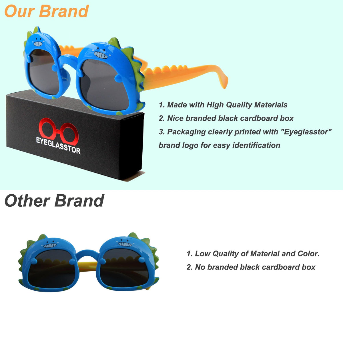 EYEGLASSTOR Dinosaur Cartoon Toddler Sunglasses for Kids Aged 2-6, Blue & Yellow Dark Lenses, UV400 Protection, Secure Fit for Outdoor Play