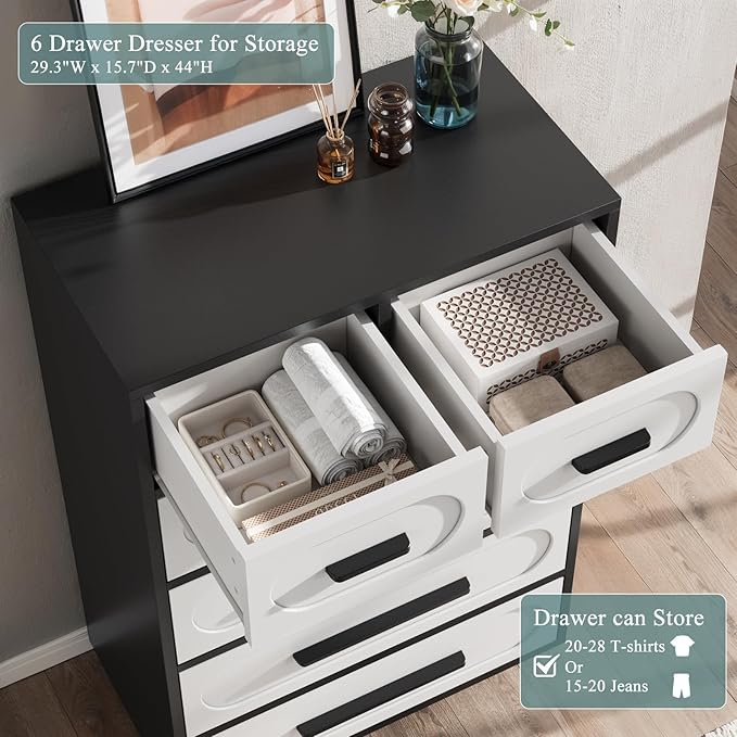 White Dresser for Bedroom, Modern 6 Drawer Dresser with Solid Wood Handle, Wood Chest of Drawers, 44" Tall Bedroom Storage Cabinet, Closet Organizer for Living Room, Hallway